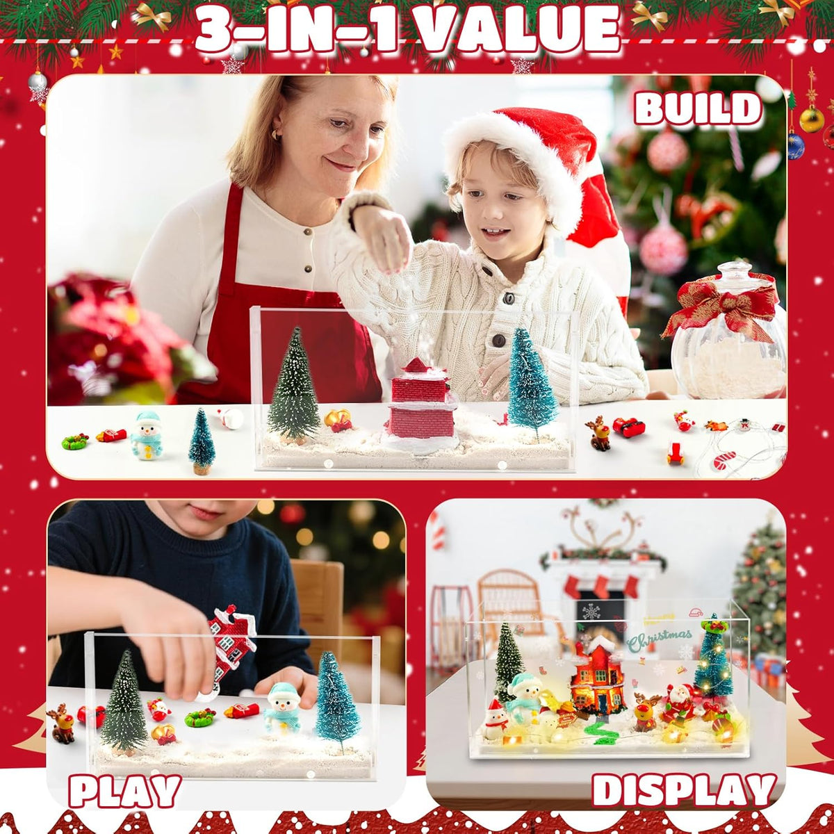 Set decorațiune de Crăciun cu figurine din rășină, scenă mini de iarnă luminoasă, nisip modelabil, lumini LED