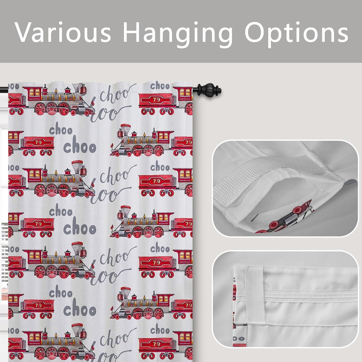 Train Curtain with Rod Pocket, Cartoon Train Rails, Pencil Pleat Curtains, Blackout Privacy Screen, Window Curtains for Children, Bedroom, Living Room, Playroom, 1 Panel, 107 x 160 cm
