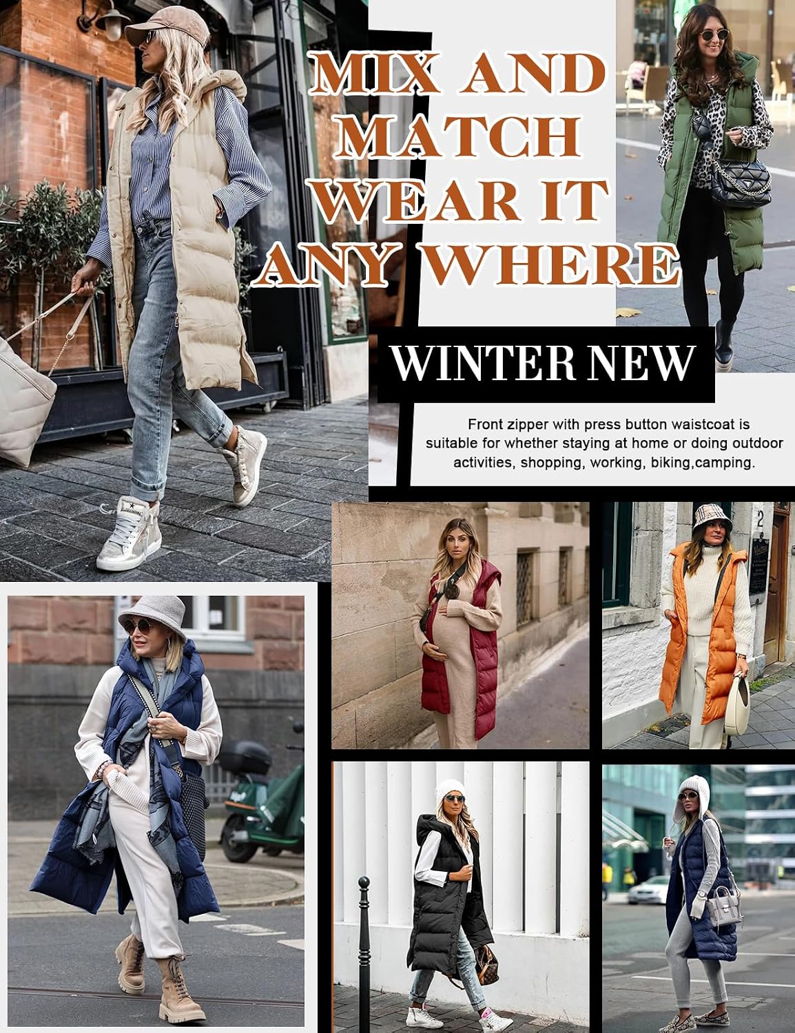 Tuopuda Women's Long Vest with Hood Autumn Winter Quilted Vest Warm Long Vest Transition Vest with Zippers Hooded Vest Down Vest Winter Jacket Vest Sleeveless Jacket