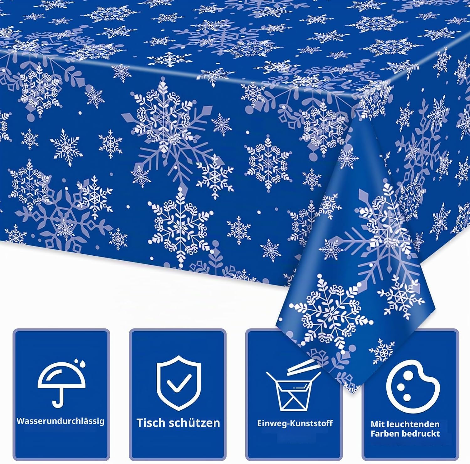 Christmas Snowflake Tablecloth, Pack of 4, Blue Snowflake Printed Tablecloth for Winter Theme Party, Christmas Holiday Decorations, 130 x 220 cm