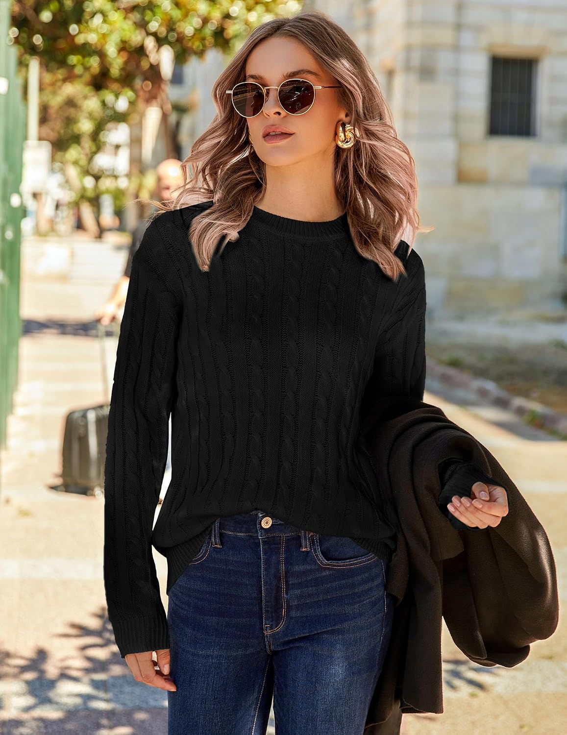Pulover tricotat cu torsade Zeagoo, decolteu rotund, croială lejeră, negru, XL