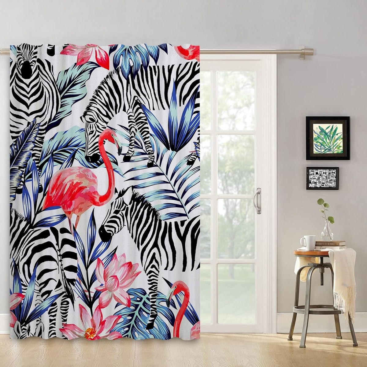Draperie pentru cameră copii, model safari cu flamingo și zebră, 107 x 160 cm, cu buzunar pentru galerie, 1 panou
