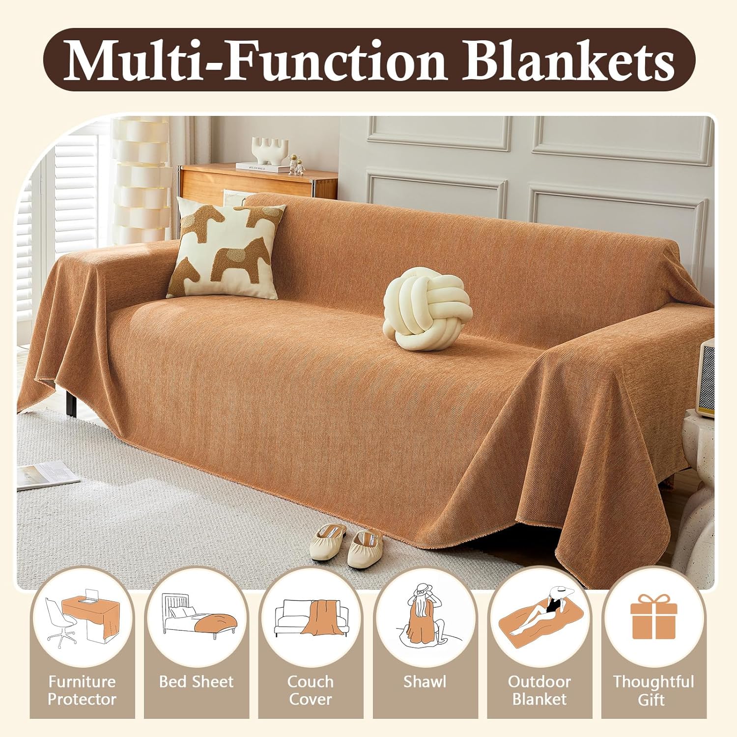 Husă pentru canapea din chenille, model tip spic, 180 x 380 cm, pentru canapele de 4 locuri, portocaliu