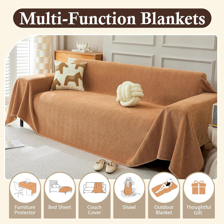 Husă pentru canapea din chenille, model tip spic, 180 x 380 cm, pentru canapele de 4 locuri, portocaliu