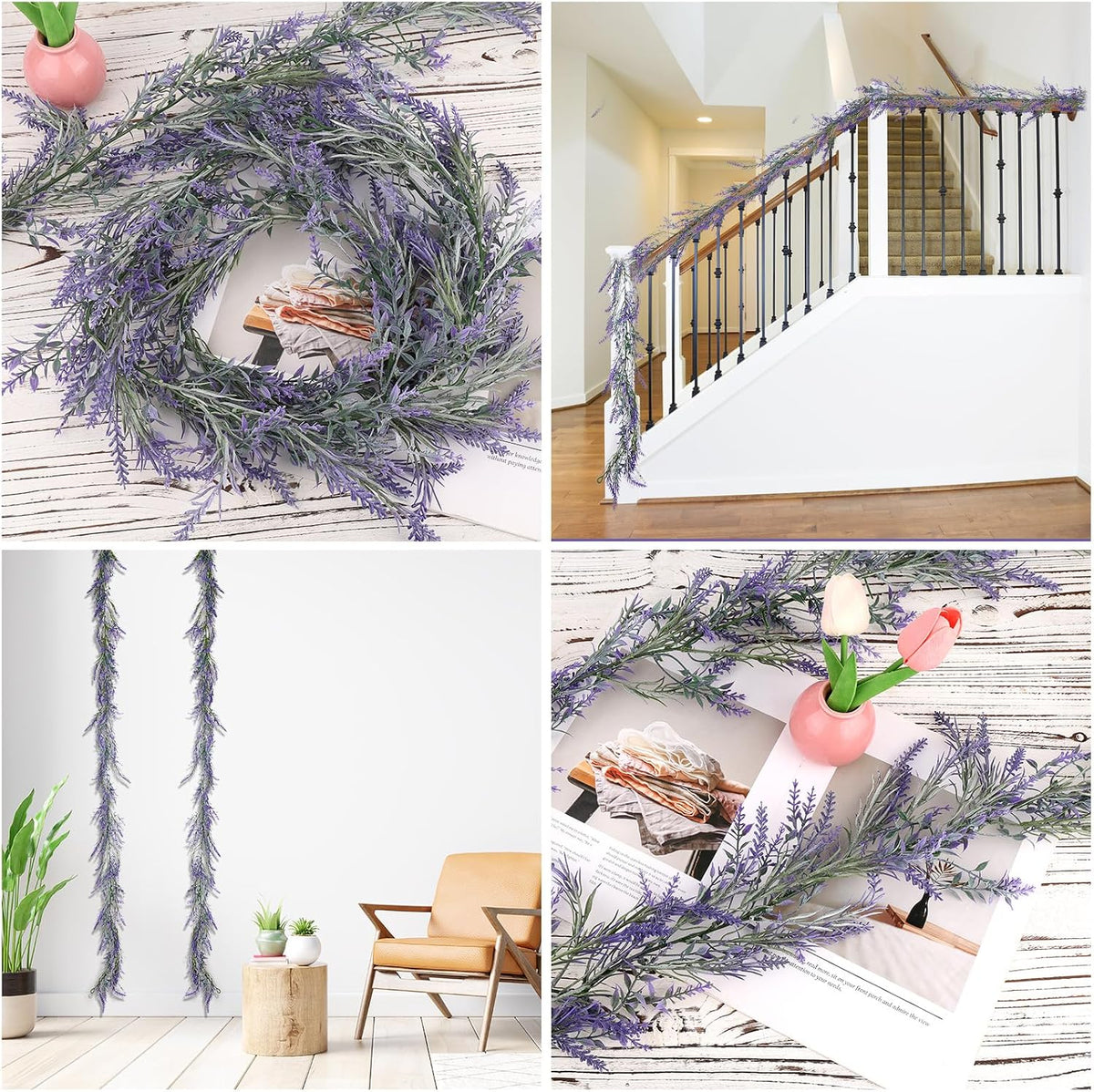 Gosknor Pack of 2 Lavender Purple Artificial Garland, 180 cm Summer Spring Garlands, Flowers, Lavender Wreath for Farmer Weddings, Porch, Stairs, Mantle, Table, Indoor and Outdoor Decoration