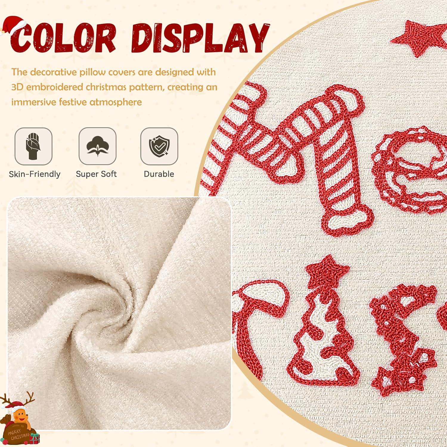 Husă pentru pernă decorativă de Crăciun, 45 x 45 cm, broderie 3D, fermoar ascuns, roșu și alb