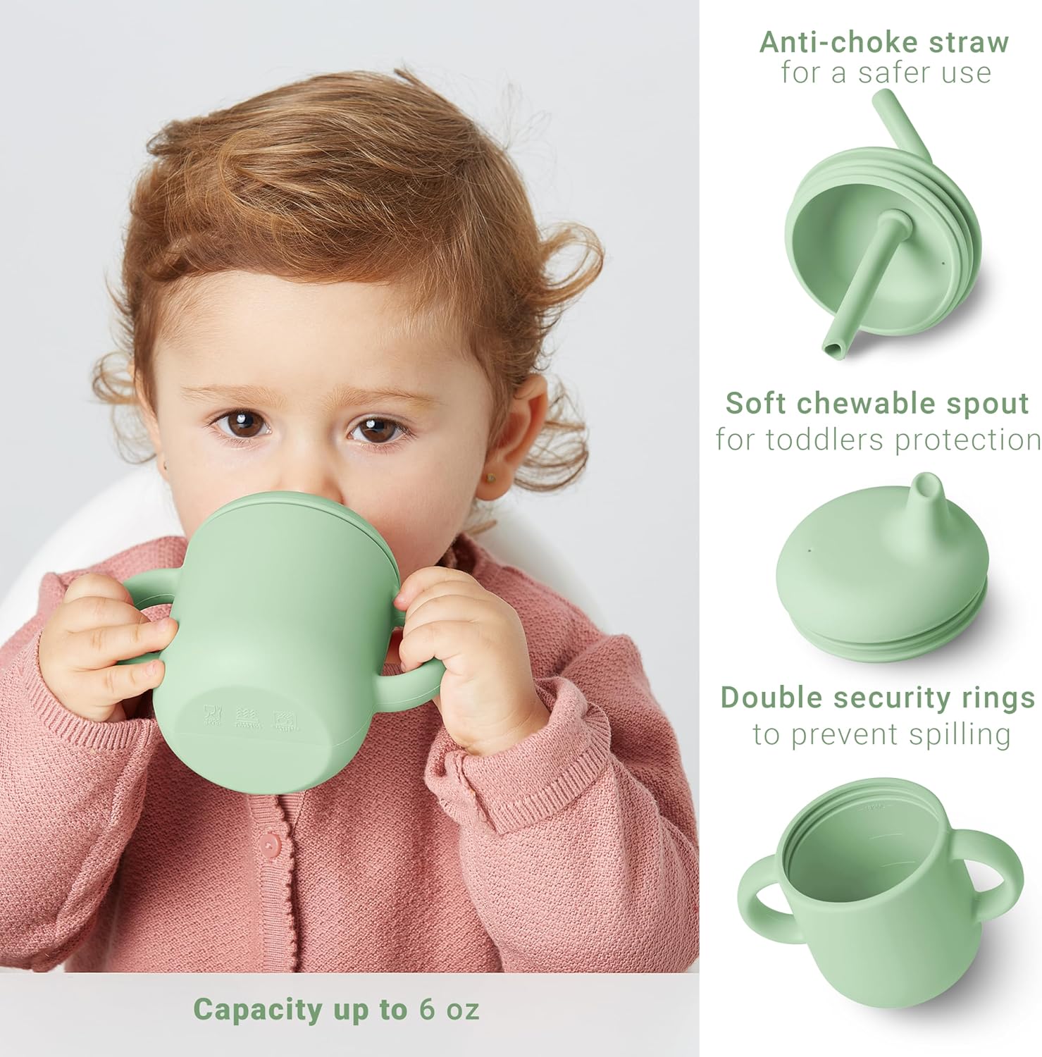 Set hranire bebelusi 10 piese, silicon alimentar, farfurie si bol cu ventuza, cana cu pai si cioc, verde