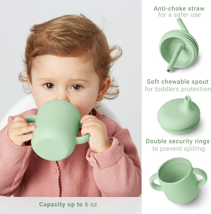 Set hranire bebelusi 10 piese, silicon alimentar, farfurie si bol cu ventuza, cana cu pai si cioc, verde