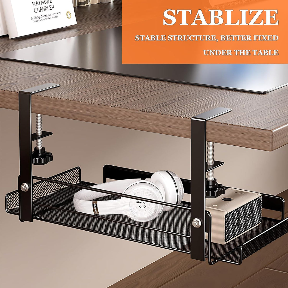 Tavă organizare sub birou 36,5 x 20 x 18 cm, oțel carbon, prindere cu clemă, negru