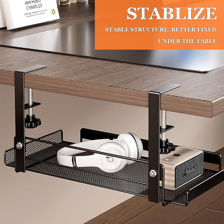 Tavă organizare sub birou 36,5 x 20 x 18 cm, oțel carbon, prindere cu clemă, negru