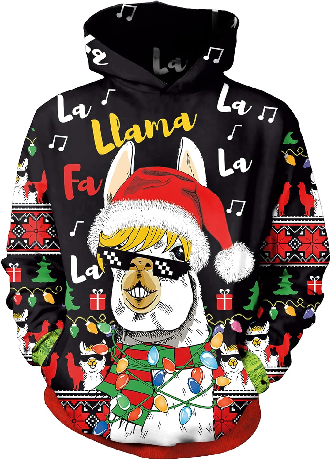 Hanorac de Crăciun BesserBay, pentru copii, cu buzunar frontal, mâneci lungi, imprimeu cu alpaca, unisex, negru, 120 cm (5-6 ani)