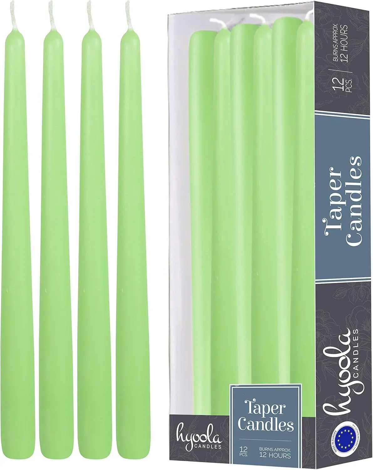 Set 12 lumânări conice pentru masă, 35,6 cm, ceară de parafină, fără parfum, verde țelină
