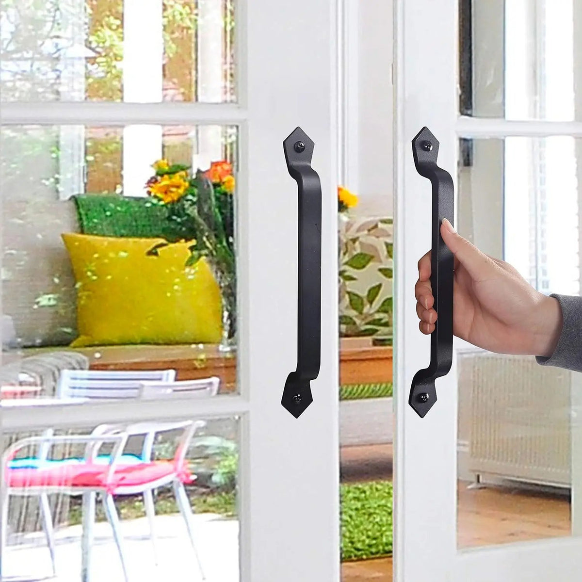 Set 2 mânere pentru ușă glisantă din fontă, 28 cm, distanță între găuri 24 cm, finisaj lăcuit, gri