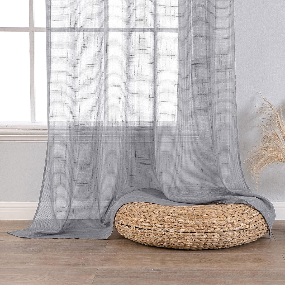 Set 2 perdele voal, transparente, cu inele, 140 x 160 cm, gri deschis