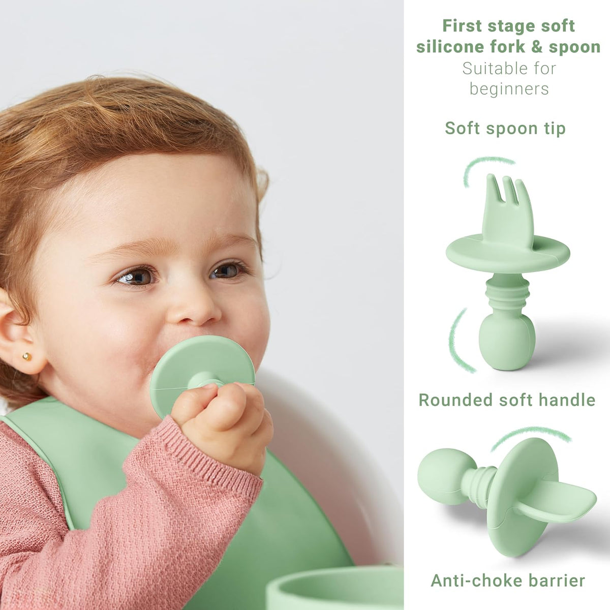 Set hranire bebelusi 10 piese, silicon alimentar, farfurie si bol cu ventuza, cana cu pai si cioc, verde