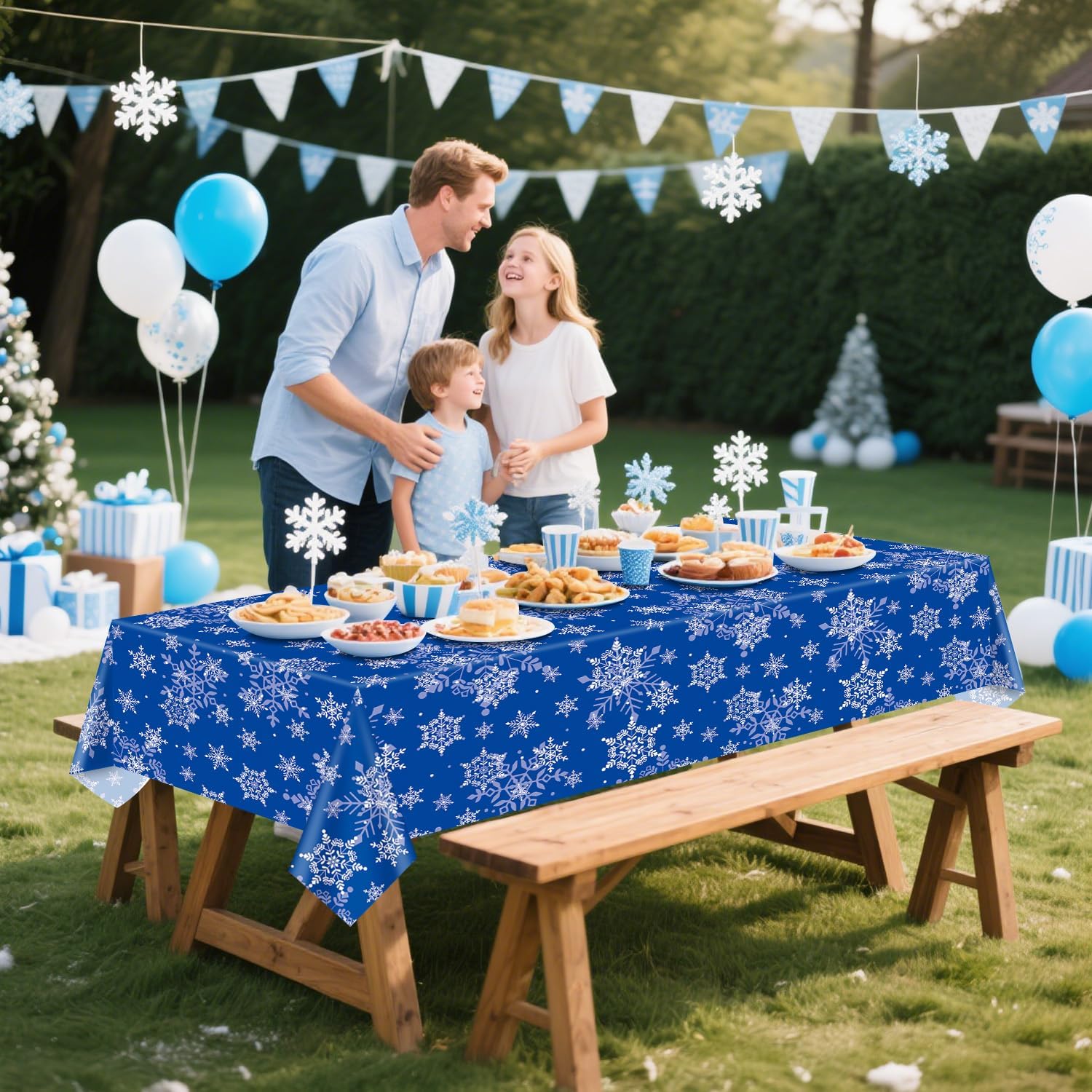 Christmas Snowflake Tablecloth, Pack of 4, Blue Snowflake Printed Tablecloth for Winter Theme Party, Christmas Holiday Decorations, 130 x 220 cm
