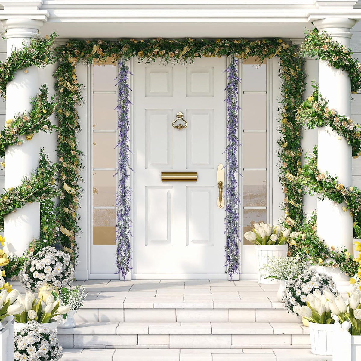 Gosknor Pack of 2 Lavender Purple Artificial Garland, 180 cm Summer Spring Garlands, Flowers, Lavender Wreath for Farmer Weddings, Porch, Stairs, Mantle, Table, Indoor and Outdoor Decoration