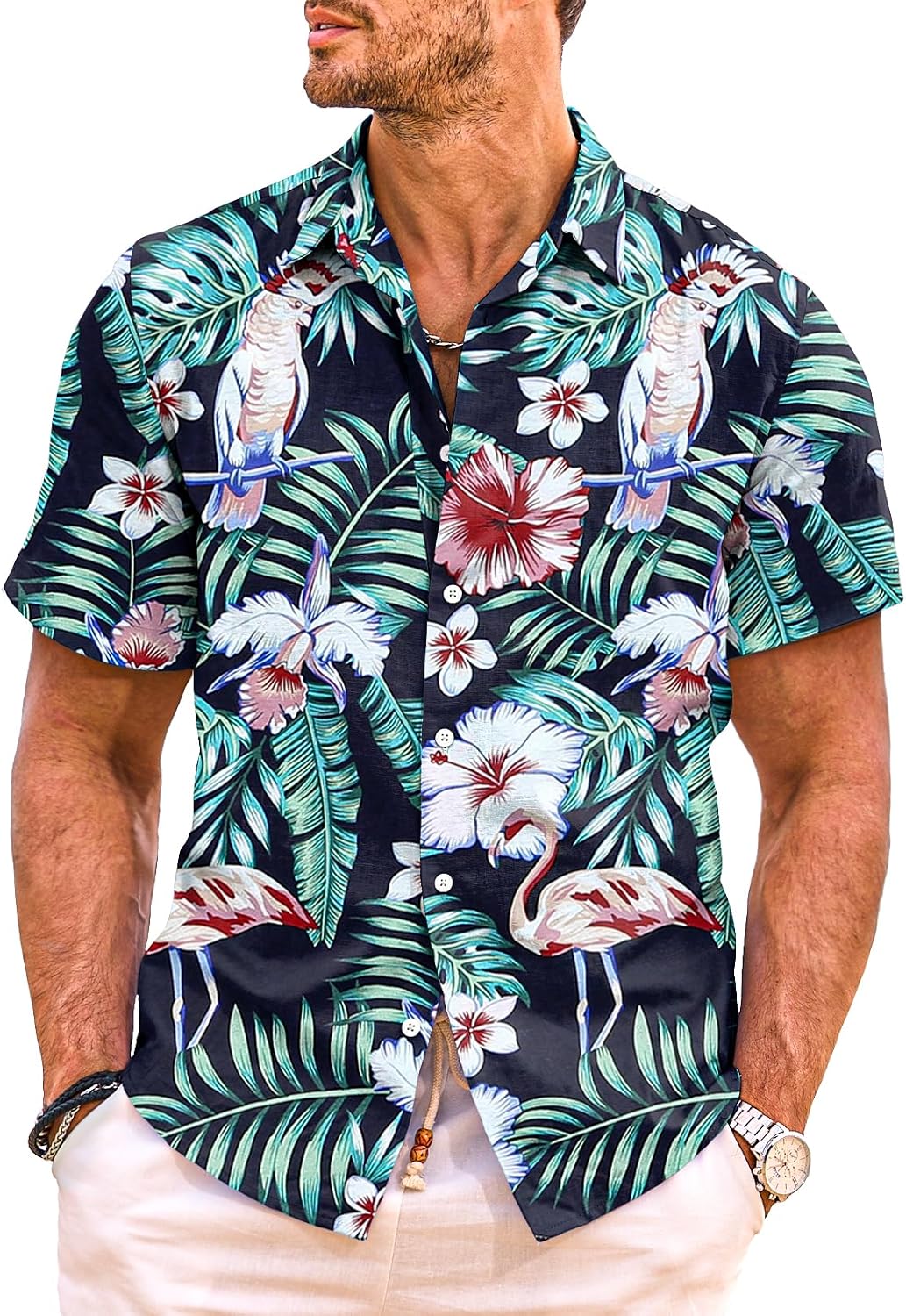 Meilicloth Men's Hawaiian Shirt Short Sleeve Funky Casual Button Down Beach Hawaiian-Print Black Flamingo, A Black Flamingo, M