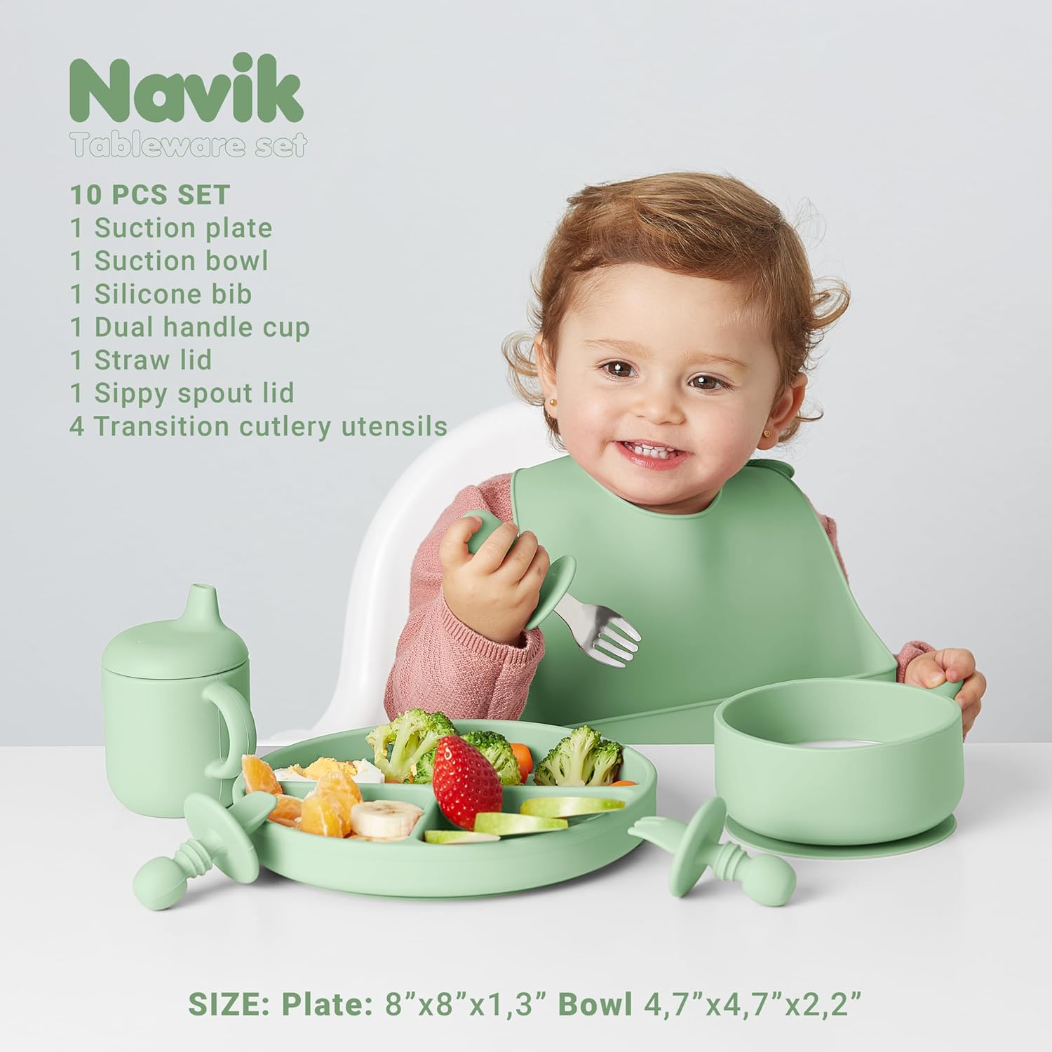 Set hranire bebelusi 10 piese, silicon alimentar, farfurie si bol cu ventuza, cana cu pai si cioc, verde