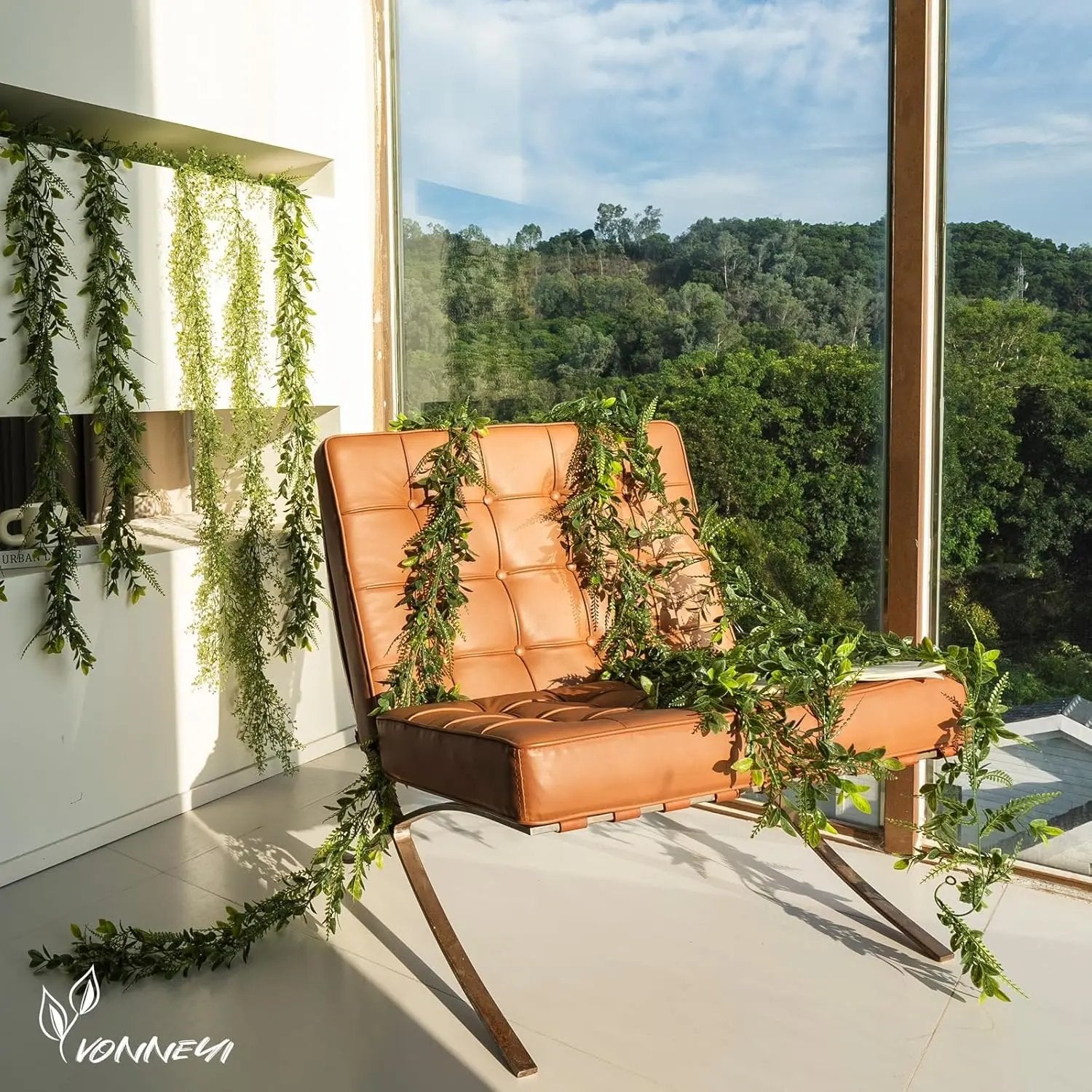 Set 6 ghirlande artificiale cu frunze de iederă, 1,7 m fiecare, din plastic, pentru decor balcon și perete, verde