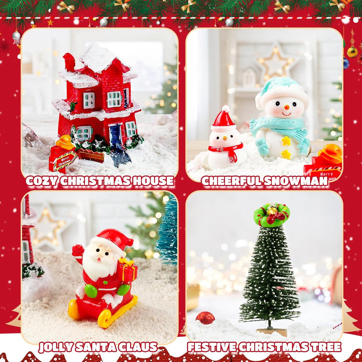 Set decorațiune de Crăciun cu figurine din rășină, scenă mini de iarnă luminoasă, nisip modelabil, lumini LED