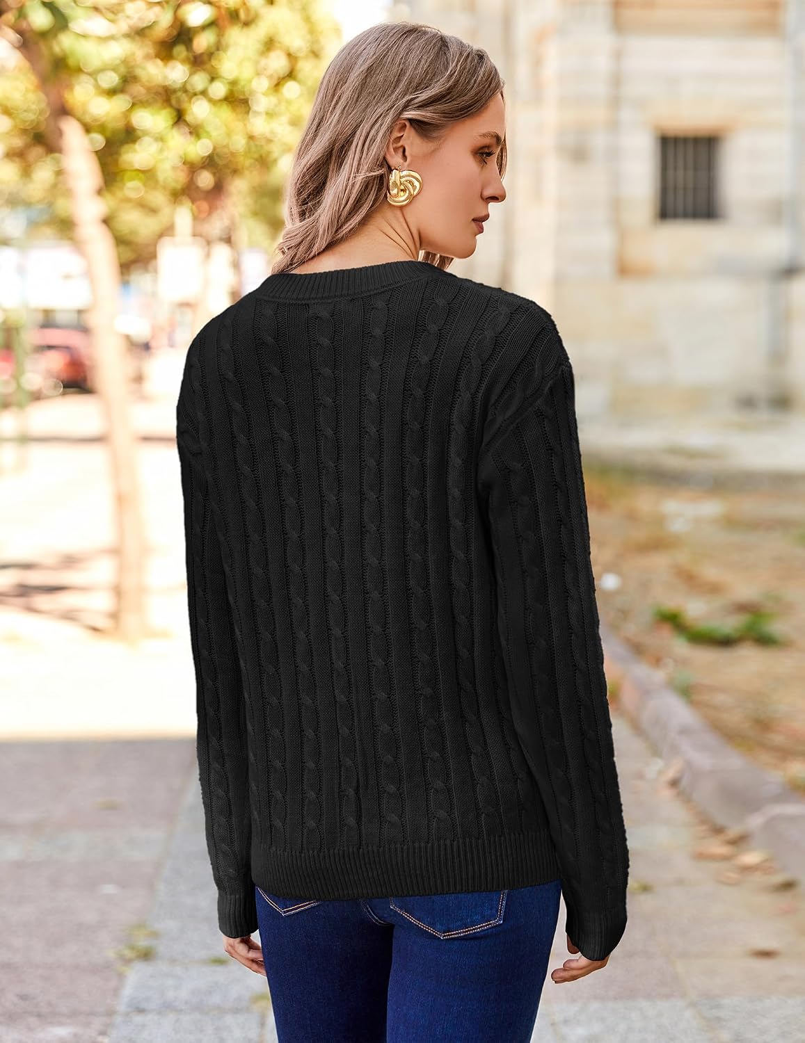 Pulover tricotat cu torsade Zeagoo, decolteu rotund, croială lejeră, negru, XL