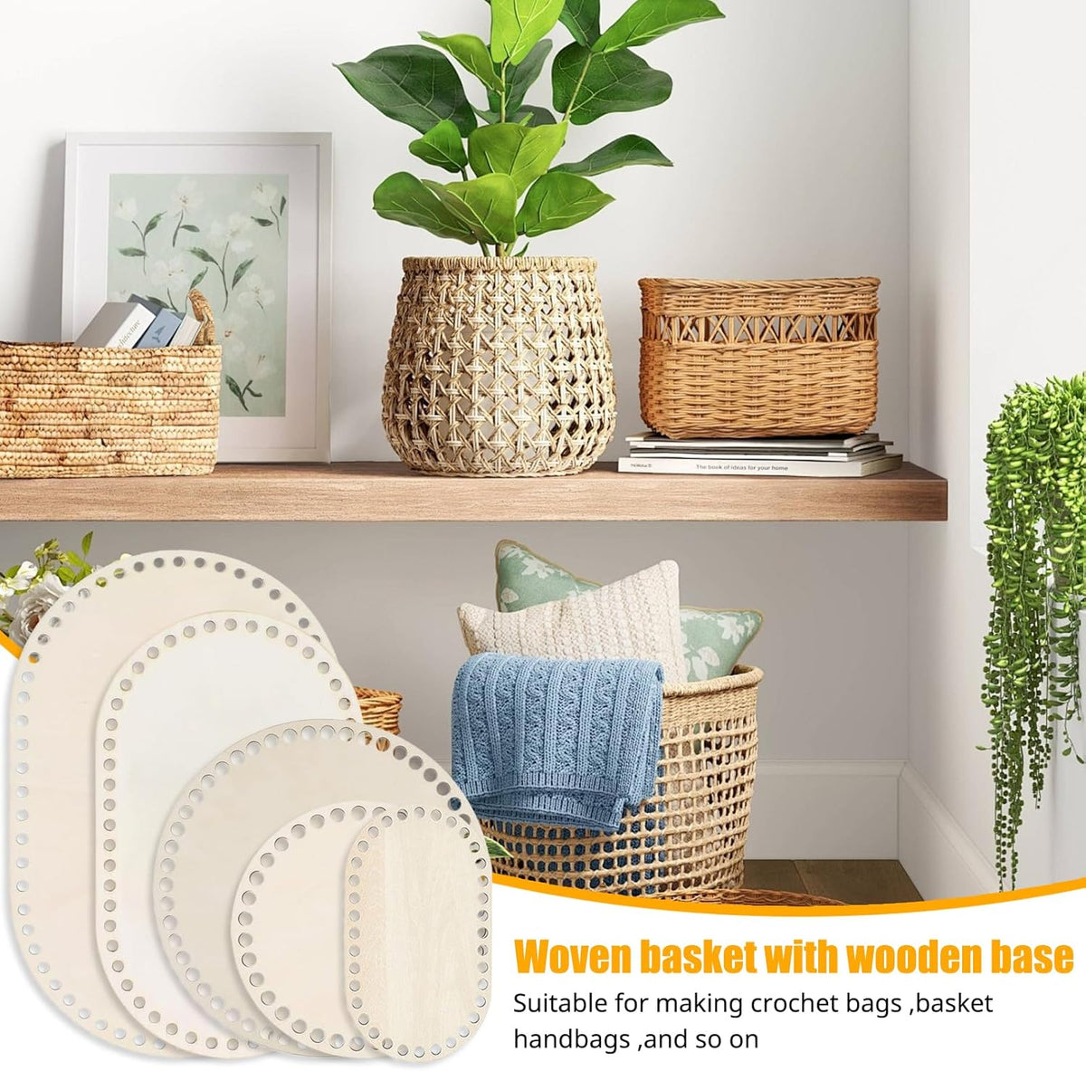 Set 5 baze pentru cos crosetat din lemn de tei, 15/20/25/30 cm, ovale si rotunde