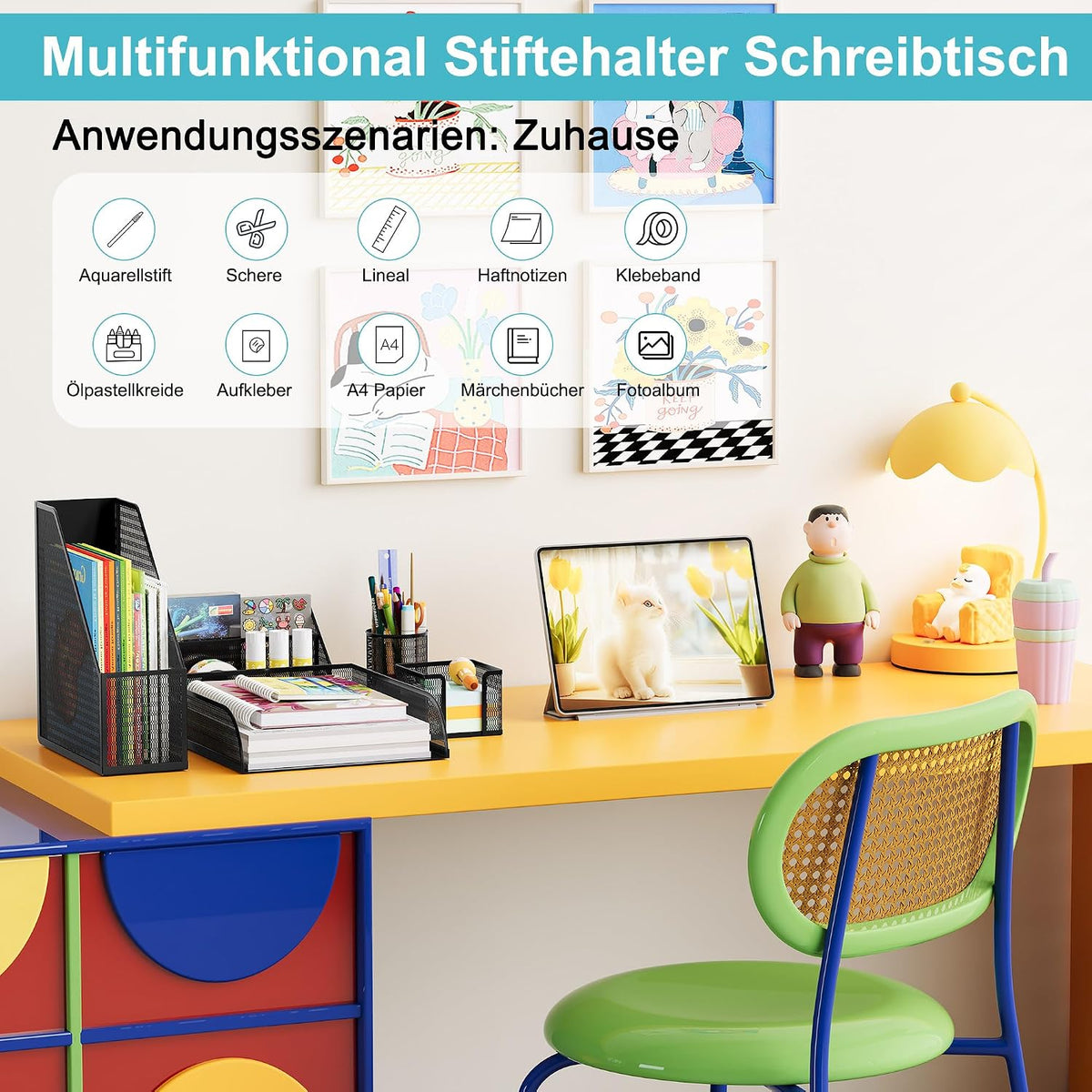 Desk Organiser Set Made of Metal - Document Tray A4 Paper Letter Tray Pen Holder Letter Holder and Sticky Note Holder, Black