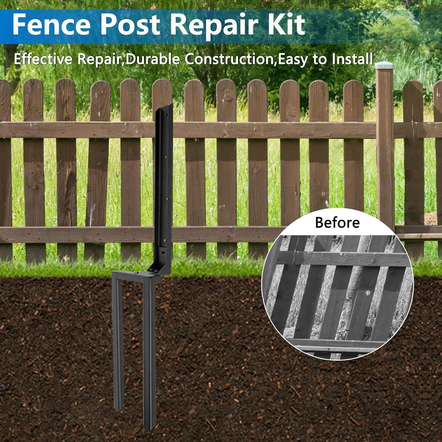 Set 4 țăruși pentru reparare stâlpi de gard, din oțel galvanizat, pentru stâlpi din lemn și metal, cu accesorii montaj
