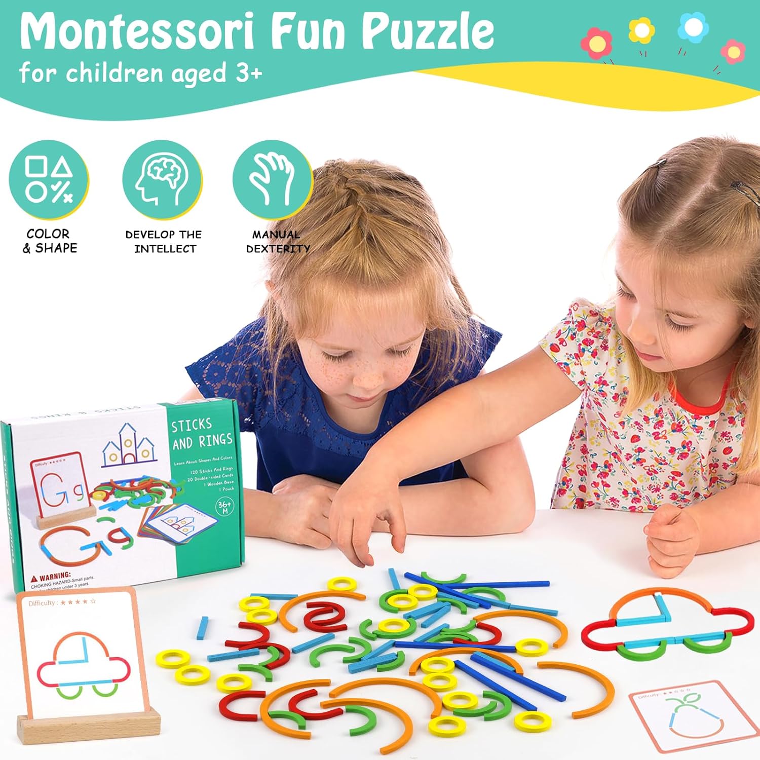 Puzzle Montessori din lemn, joc de potrivire a formelor, 120 bețișoare și inele, 20 carduri față-verso, 3-6 ani