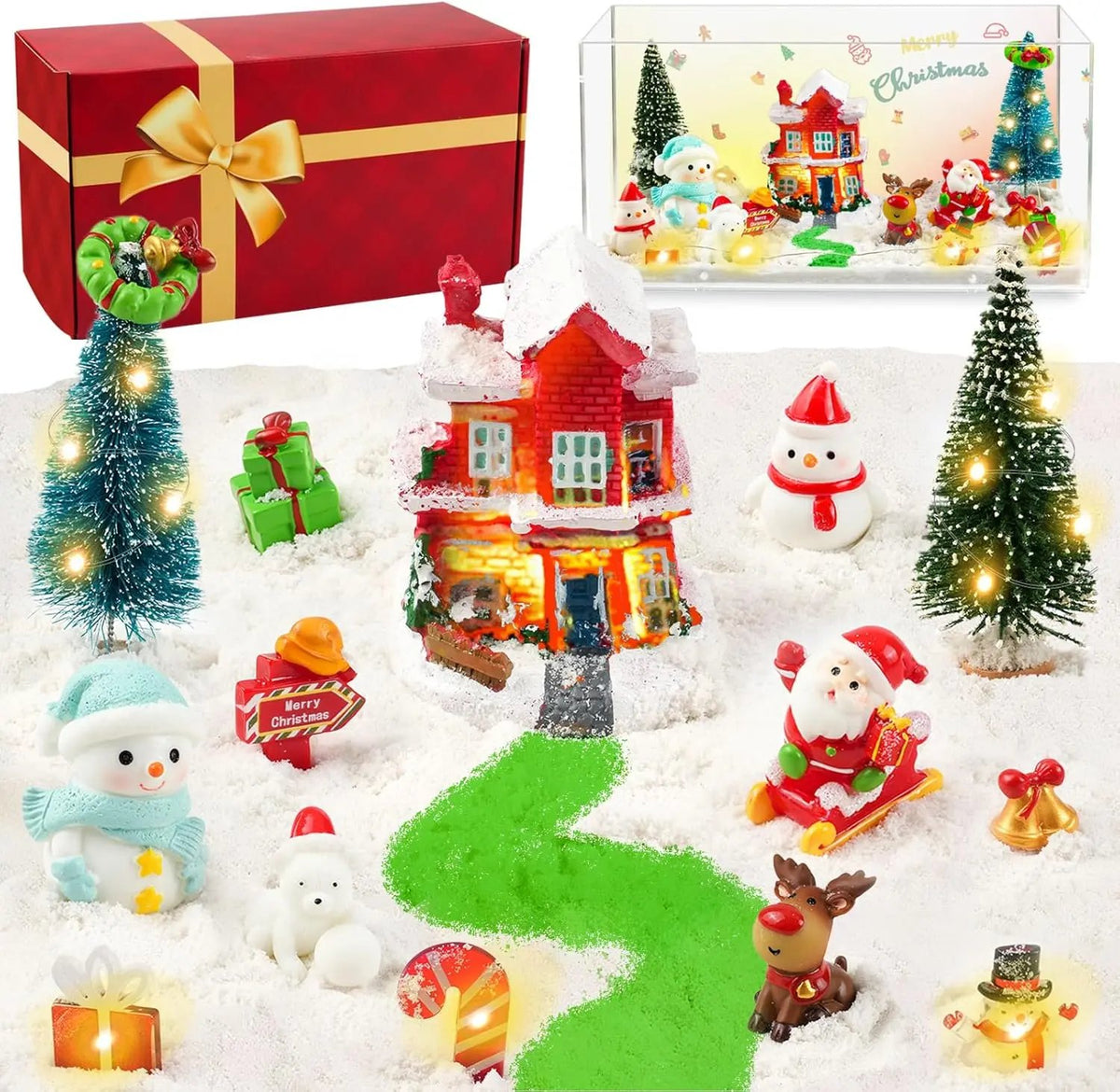 Set decorațiune de Crăciun cu figurine din rășină, scenă mini de iarnă luminoasă, nisip modelabil, lumini LED