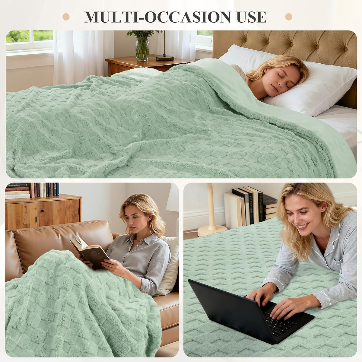 Enyhom Cuddly Fleece Blanket 228 x 228 cm, Double-Sided Soft Fluffy Sofa Blanket, Warm Plush Jacquard Blanket for Couch, Room, Decoration, Living Cuddly Blankets, Green