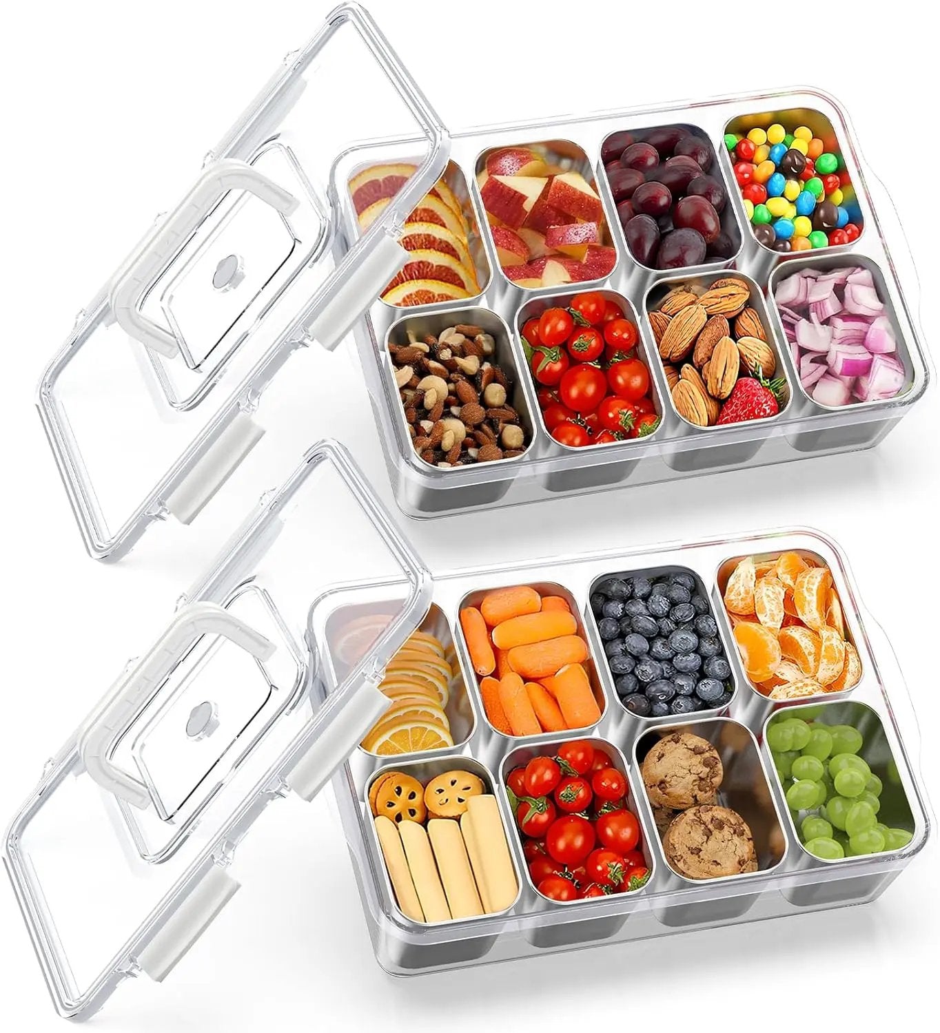 Set 2 cutii pentru gustări, 8 compartimente, 32 x 22 x 9 cm, cu capace individuale