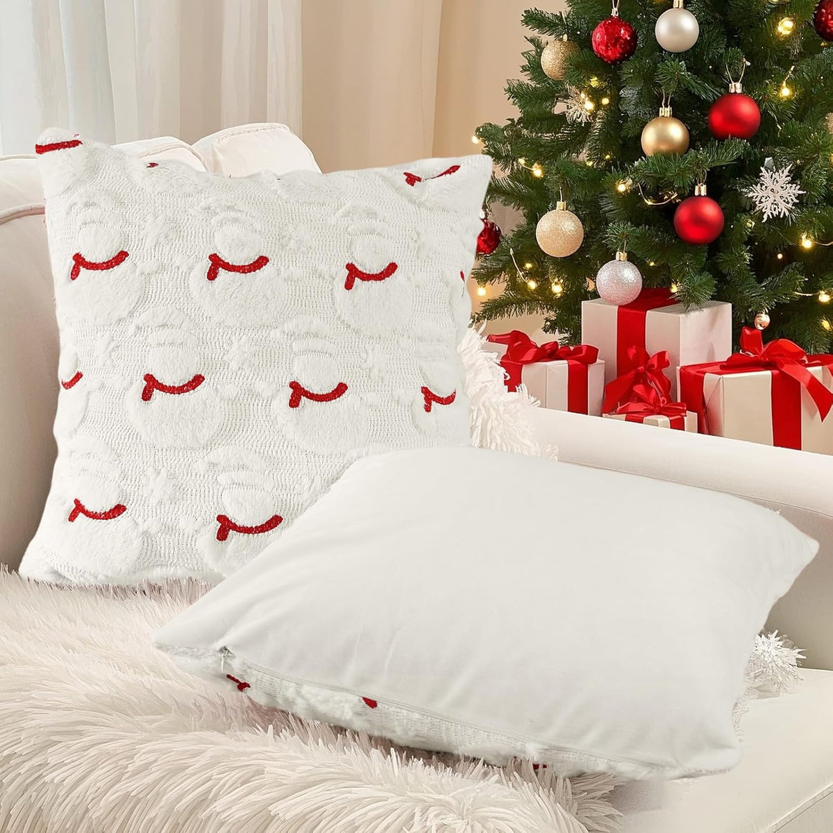 Set 2 fețe de pernă decorative, 45 x 45 cm, poliester plușat cu broderie 3D, fermoar ascuns, model Crăciun
