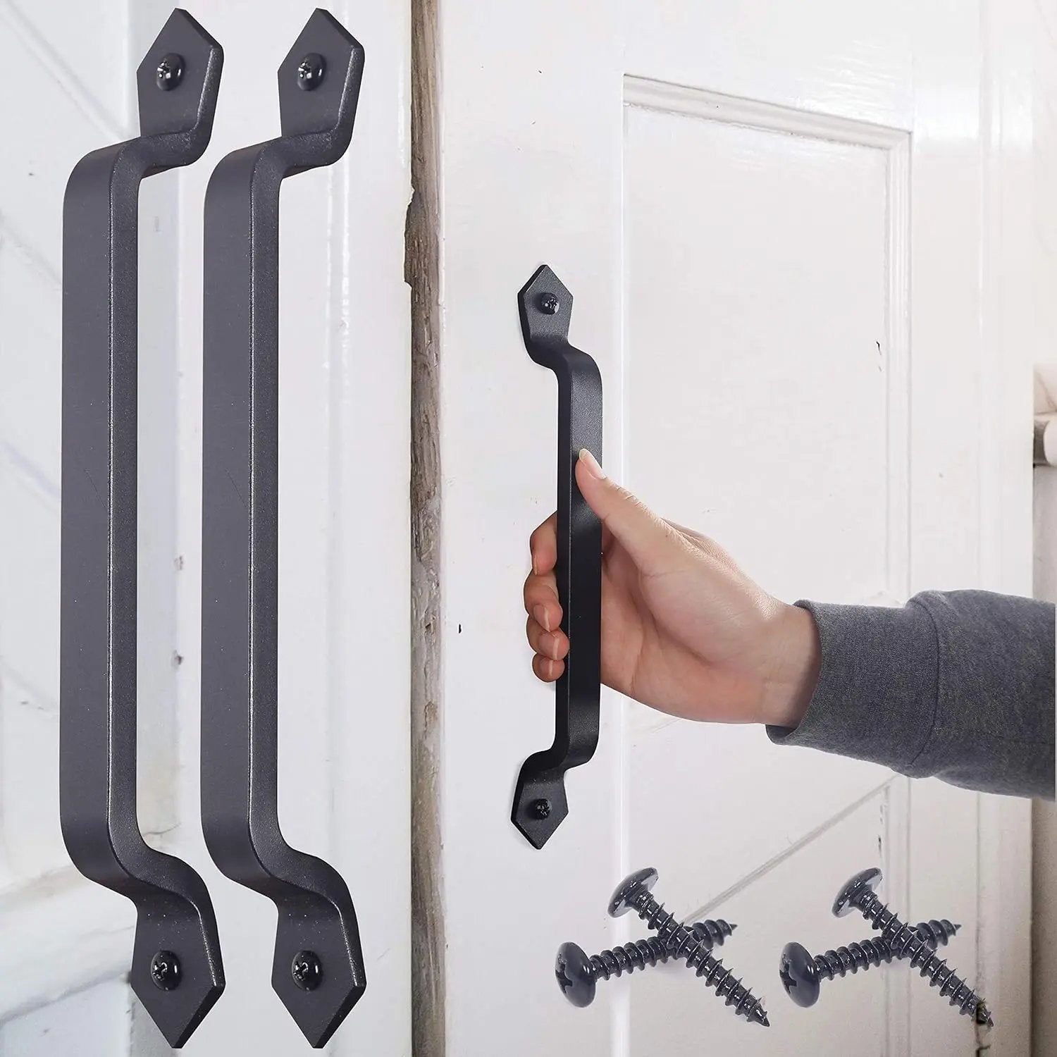Set 2 mânere pentru ușă glisantă din fontă, 28 cm, distanță între găuri 24 cm, finisaj lăcuit, gri
