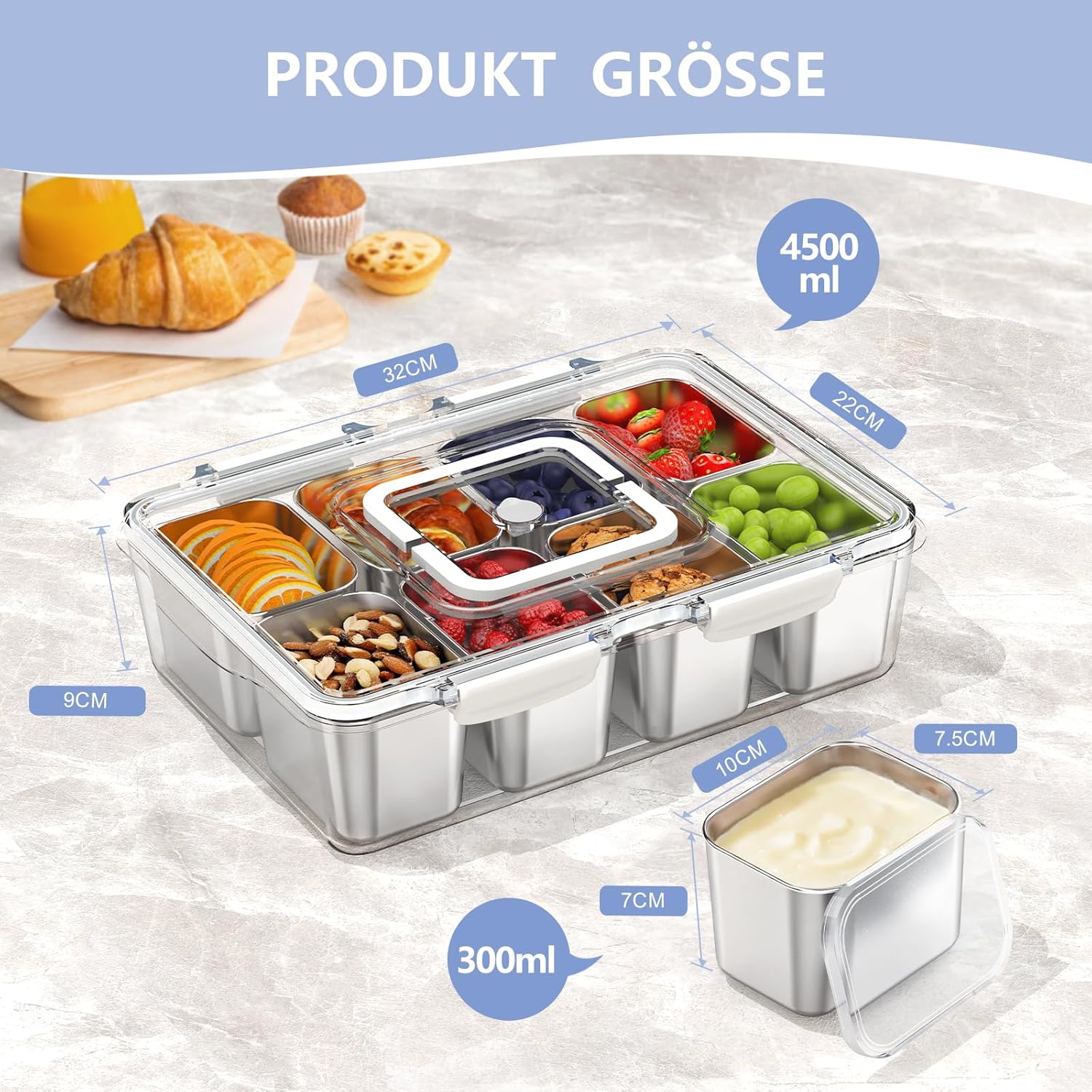 Set 2 cutii pentru gustări, 8 compartimente, 32 x 22 x 9 cm, cu capace individuale