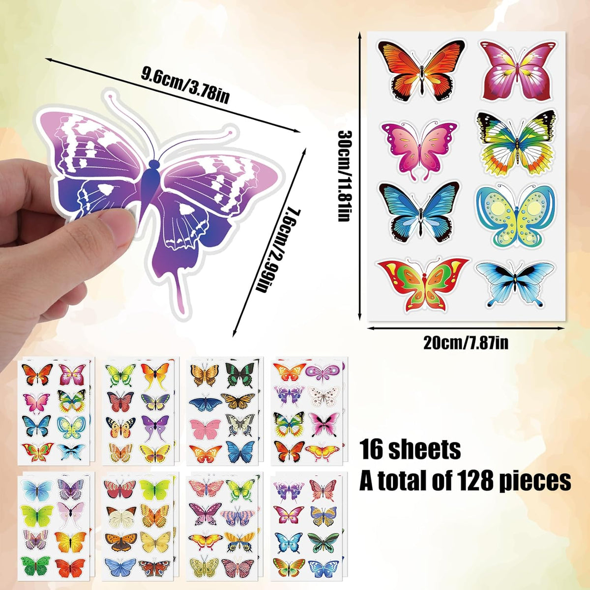 Set 128 stickere de perete cu fluturi, model acuarela, PVC, repozitionabile, multicolor