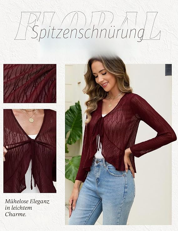Bolero din dantelă cu mâneci lungi, ușor, WedTrend, vișiniu, XL