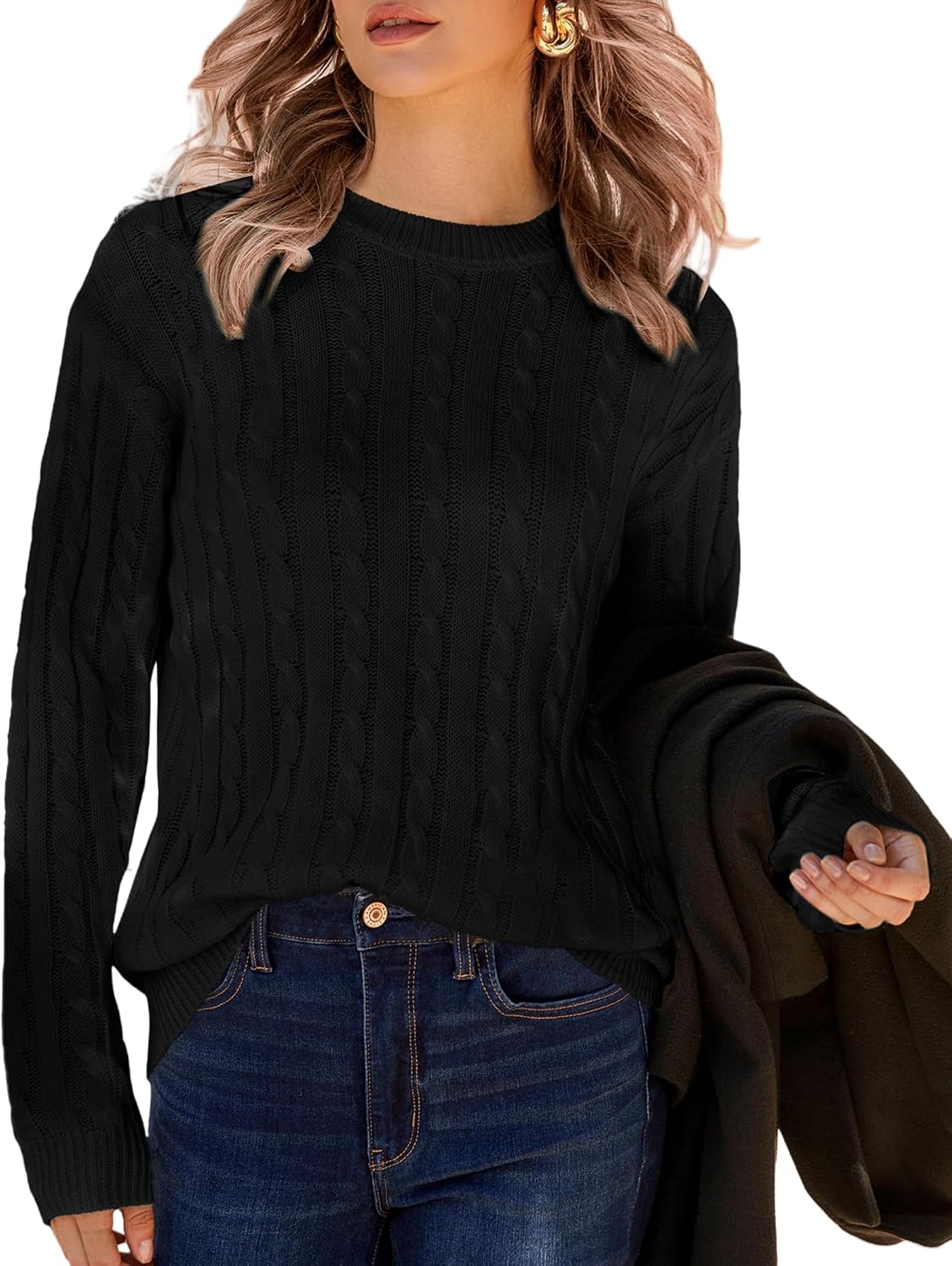 Pulover tricotat cu torsade Zeagoo, decolteu rotund, croială lejeră, negru, XL