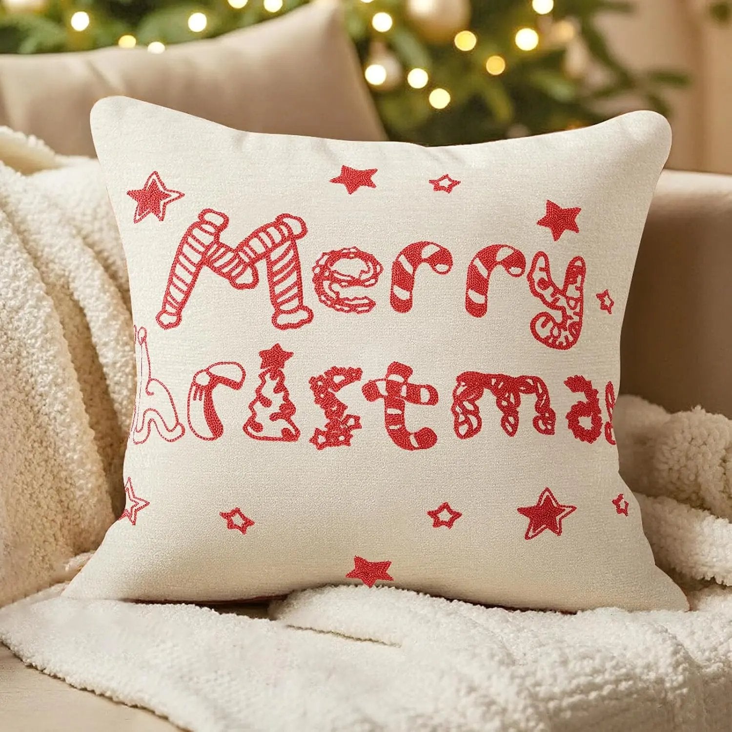 Husă pentru pernă decorativă de Crăciun, 45 x 45 cm, broderie 3D, fermoar ascuns, roșu și alb