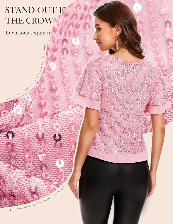 Bluză cu paiete DRESSTELLS, mâneci scurte cu volane, decolteu rotund, roz, M