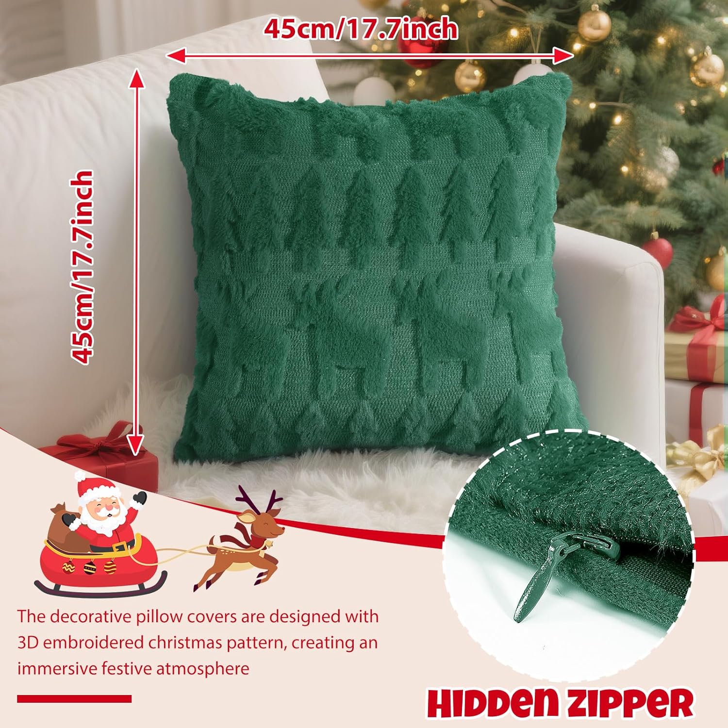 Set 2 fețe de pernă decorative, 45 x 45 cm, pluș cu broderie 3D, fermoar ascuns, model Crăciun