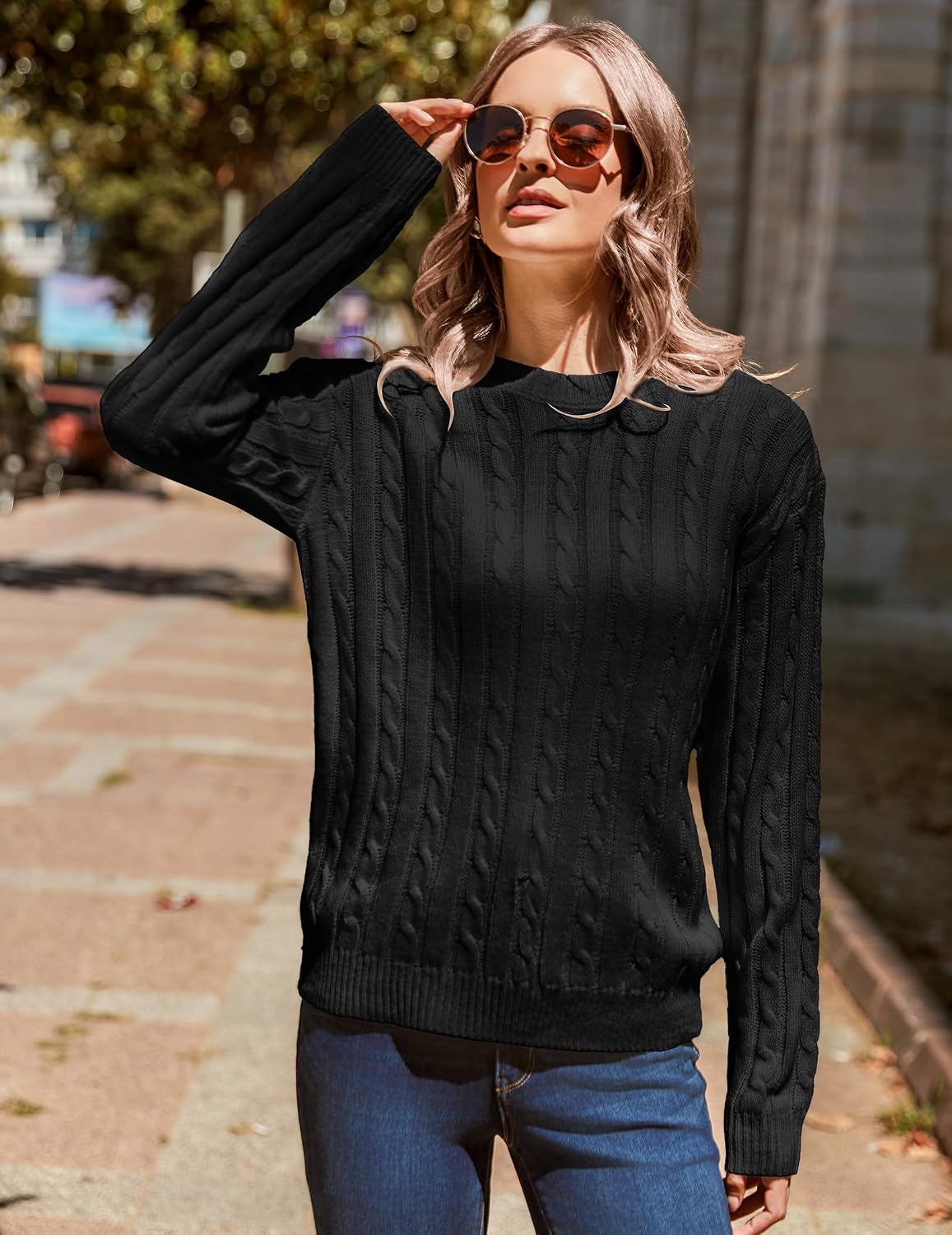 Pulover tricotat cu torsade Zeagoo, decolteu rotund, croială lejeră, negru, XL