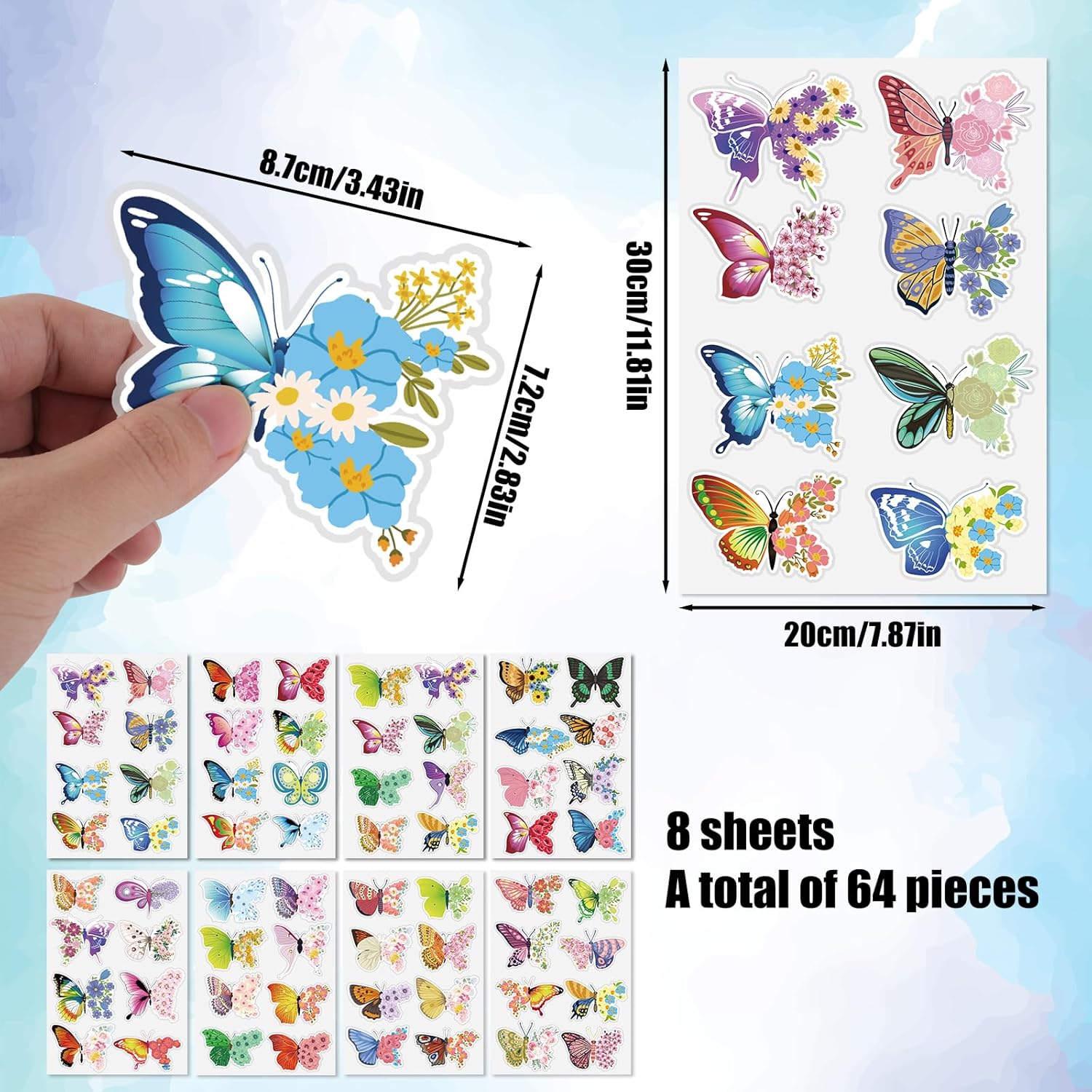 Set 64 stickere fluturi acuarela, detasabile, PVC, multicolor