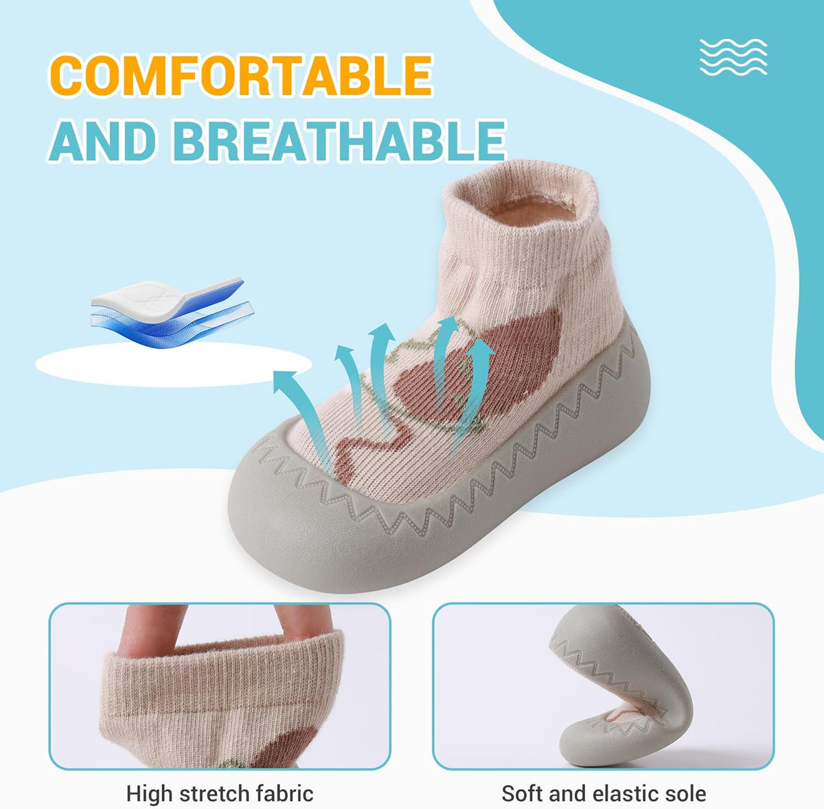 Pantofi tip șosetă pentru bebeluși, talpă moale din cauciuc, antiderapanți și respirabili, slip-on, unisex