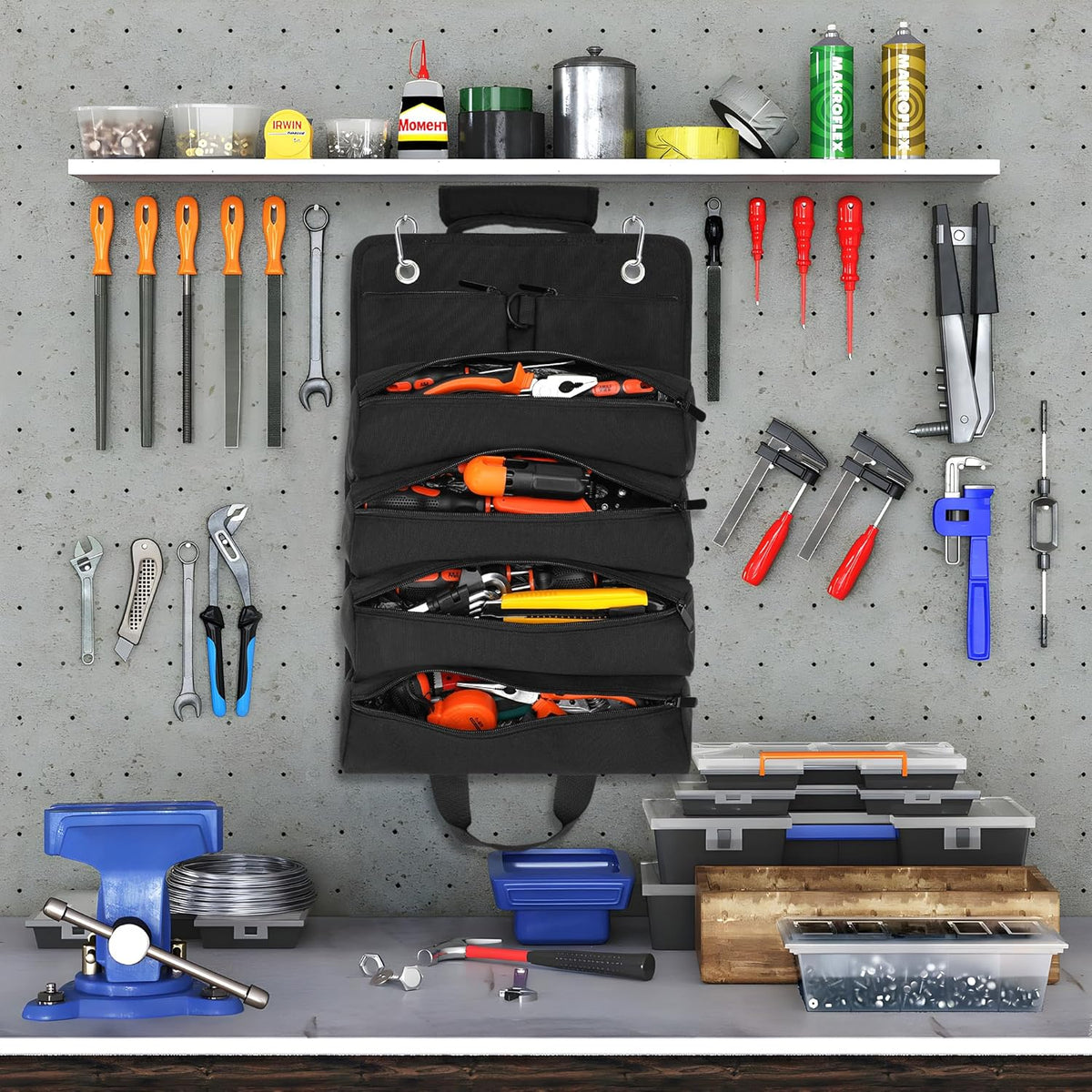 Geantă rulabilă pentru scule, 4 buzunare fixe, 2 huse detașabile, 50 x 10 cm, din material Oxford rezistent la apă
