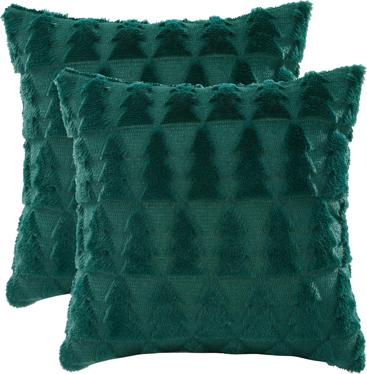 Set 2 fete de perna decorative, 50 x 50 cm, blana sintetica pufoasa fata-verso, model brad de Craciun, verde