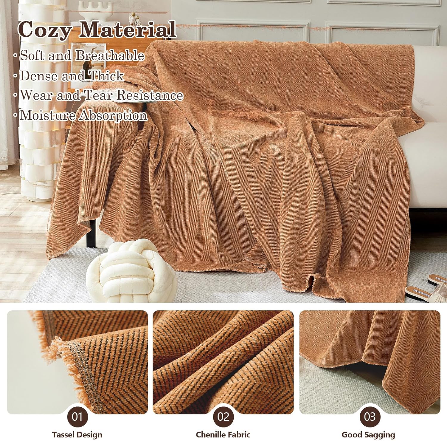 Husă pentru canapea din chenille, model tip spic, 180 x 380 cm, pentru canapele de 4 locuri, portocaliu