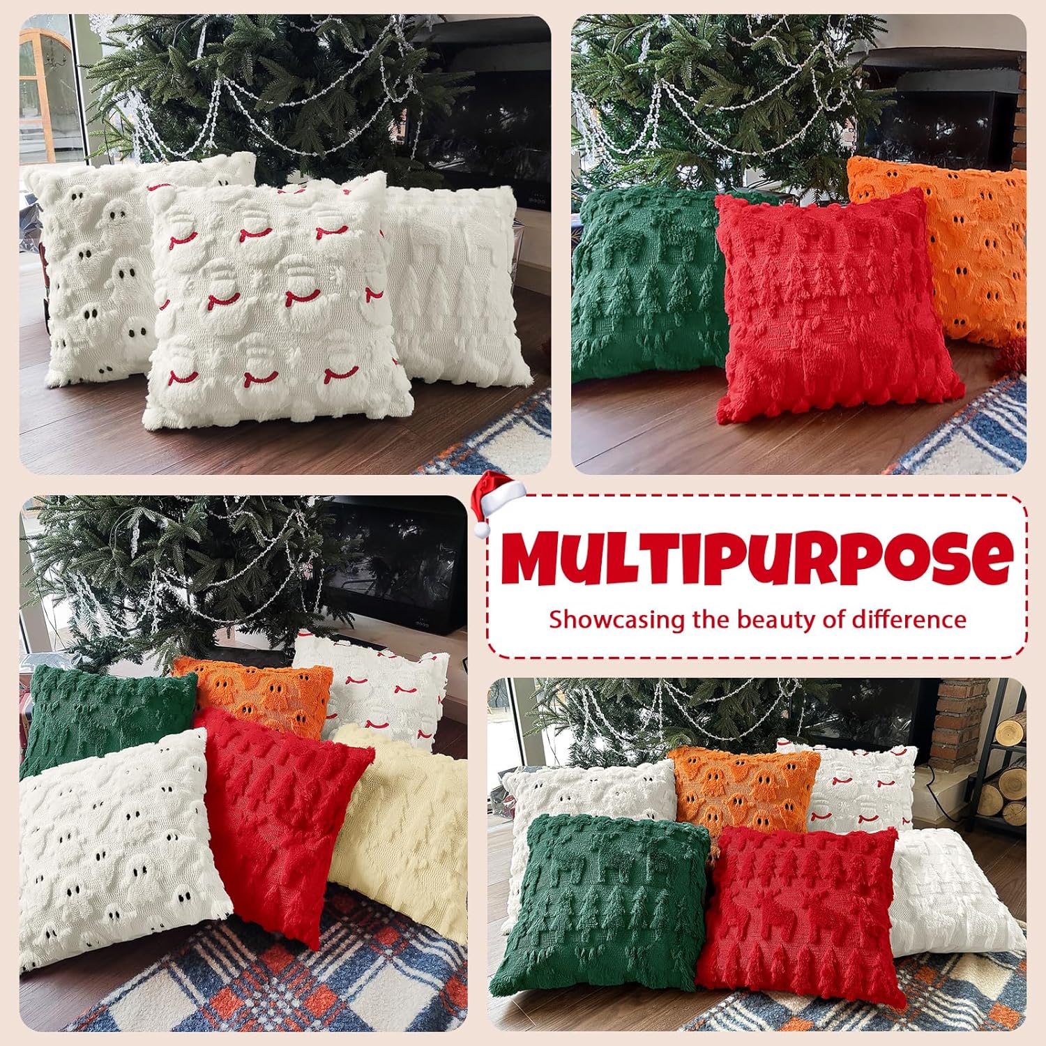 Set 2 fețe de pernă decorative, 45 x 45 cm, pluș cu broderie 3D, fermoar ascuns, model Crăciun