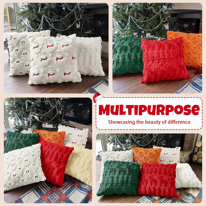 Set 2 fețe de pernă decorative, 45 x 45 cm, poliester plușat cu broderie 3D, fermoar ascuns, model Crăciun